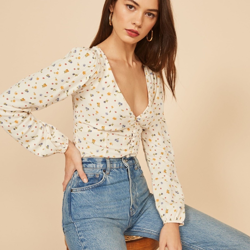 NWT Reformation Nell Top White Floral XS Button Up